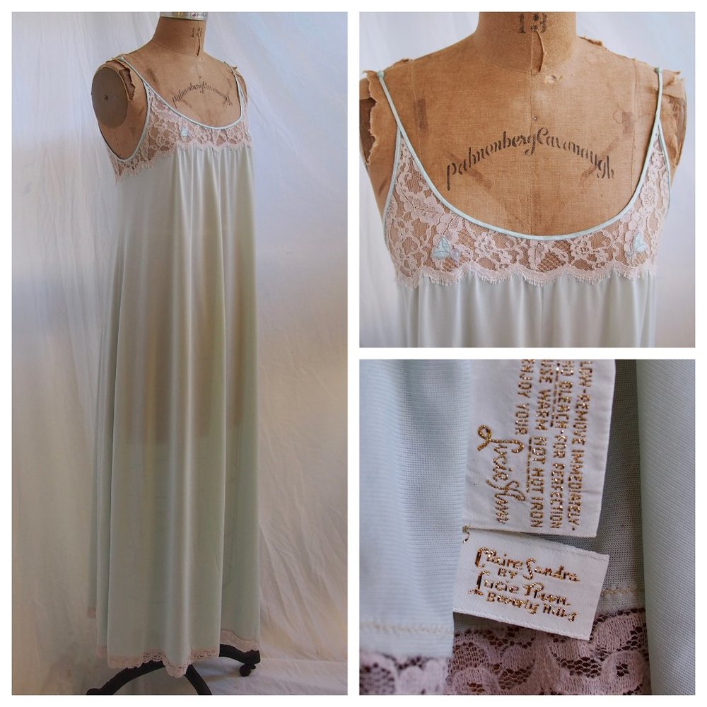vtg 70s LUCIE ANN Claire Sandra Green Full Sweep Nightgown Beverly Hills LACE M - Picture 1 of 11